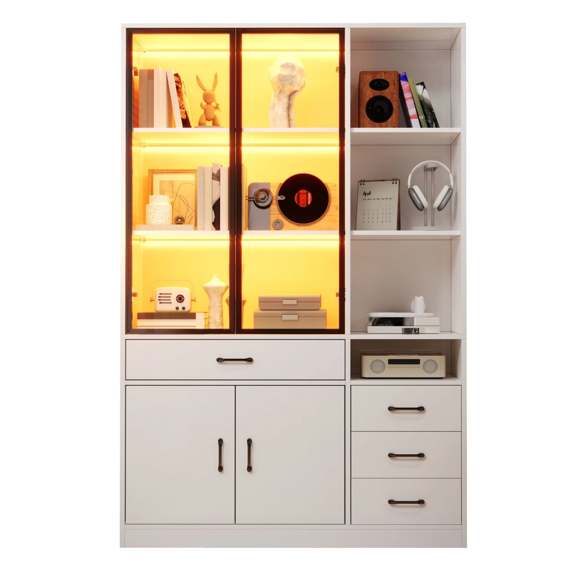 Armoire haute avec vitrine et éclairage LED, bibliothèque blanche 120x35x200cm avec 13 espaces de rangement, 4 tiroirs et portes vitrées, meuble de rangement pour salon et salle à manger