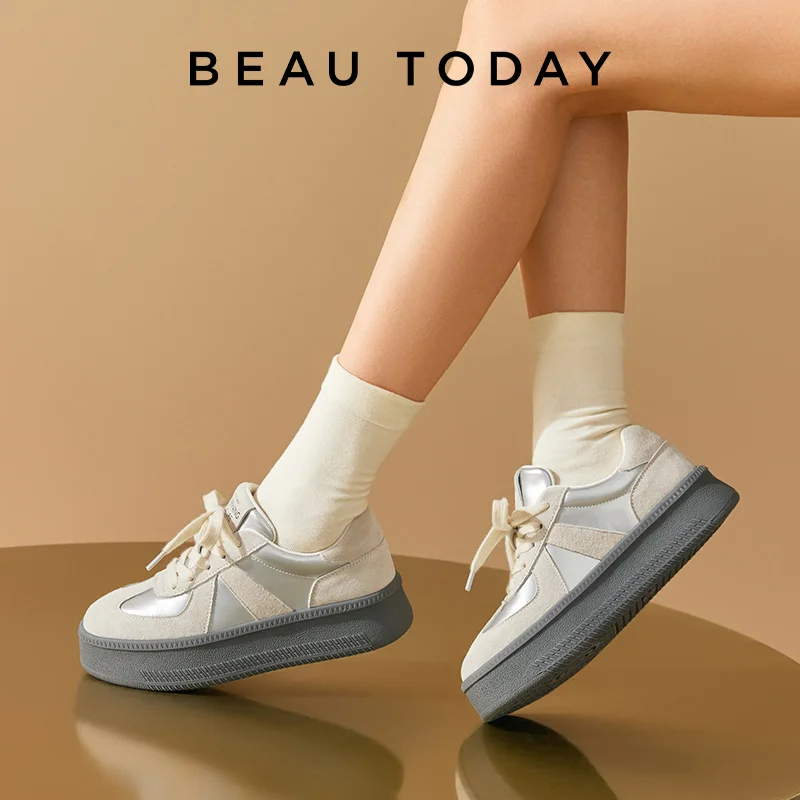 BEAUTODAY Fashion Sneakers Women Suede Leather Mixed Colors Lace-up Round Toe Sliver Flats Ladies Vulcanize Shoes A29864