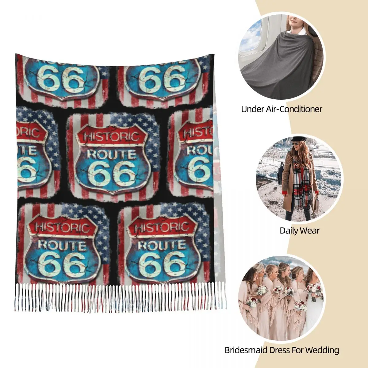 Get Your Kicks On Route 66 Sign With The American Flag Scarf Tassel Scarves Women Soft Warm Shawls and Wraps Winter Shawl Wrap image 6