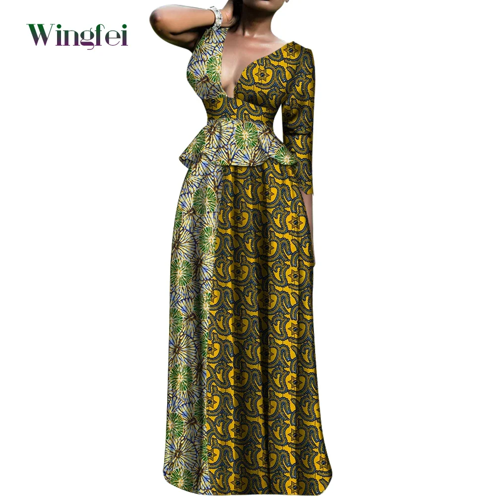 

African Clothes for Women 2 Pieces Set Patckwork Top Shirt and Long Skirt Elegant V-Neck Dashiki Party Evening Clothing WY8713