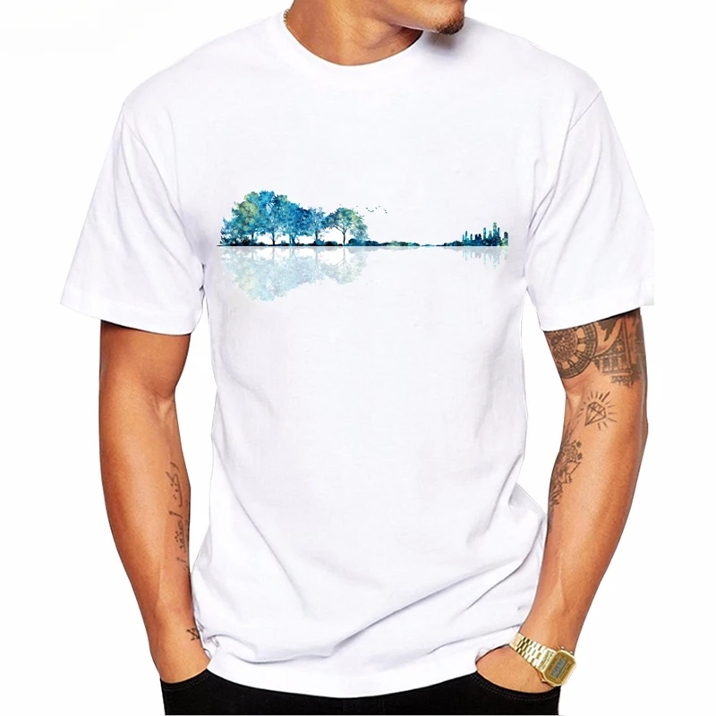 No glue feeling Print Fun Nature Guitar Watercolor Blues T Shirt Men Fashion Summer O-Neck White Short Sleeve Top T-Shirt Homme