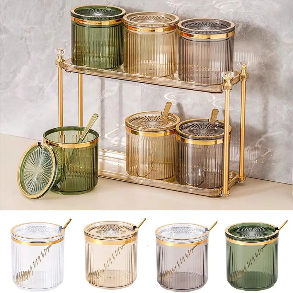Plastic Condiment Jar Transparent European Style Seasoning Storage Jar with Spoon and Lid Stripe Spice Container Household