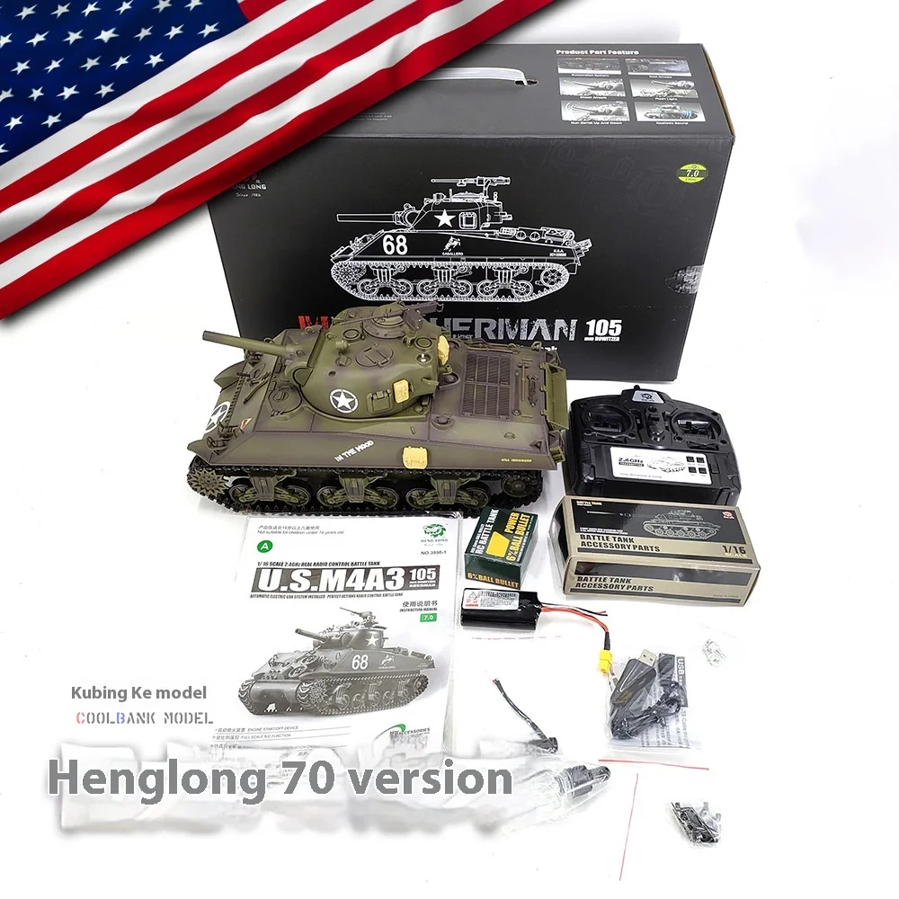 Henglong Us M4a3 Sherman Electric Remote Control Tank Model Smoke Telescopic Gun Barrel Military Model Toy