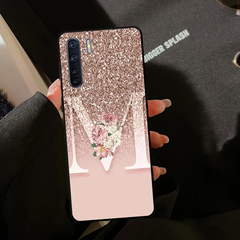 Letter Pink Shiny M R For OPPO A17 A77 A94 A74 A54 A53 A57 S A58 A78 A98 A5 A9 A15 A16 A76 A96 A93 A52 A72 Case