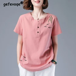 Vintage Ethnischen Stil Stickerei Rundhals Baumwolle Leinen Shirts Sommer Beiläufige Lose Kurzarm Tops Blusen für Frauen Kleidung