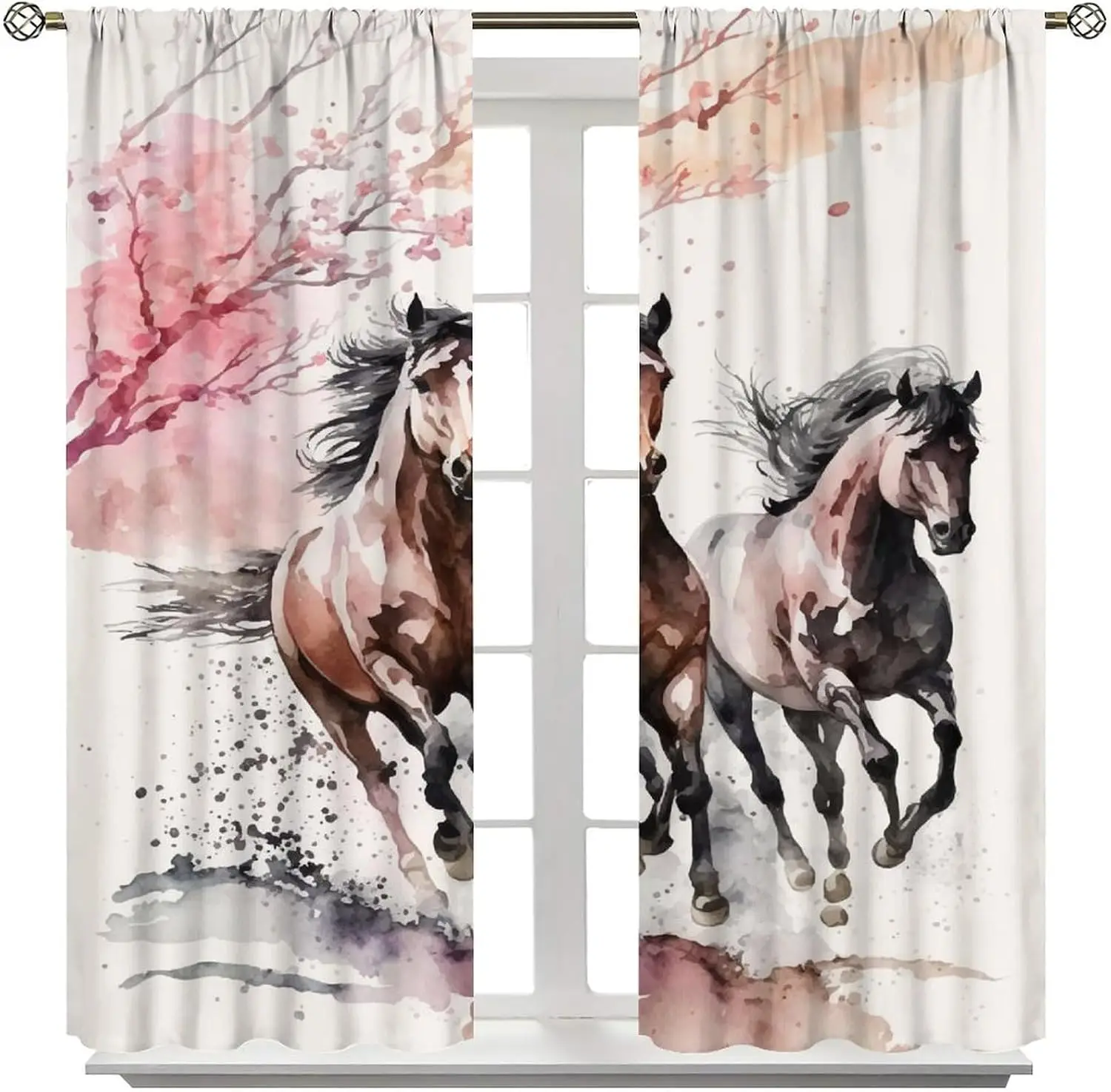 Watercolor Equestrian Horse Art Pair Curtains Panel Window Drapes Polyester Boho Living Room Decor
