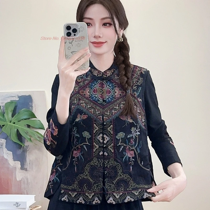 

2025 national flower embroidery satin jacquard stand collar vest sleeveless jacket traditional ethnic folk vest retro hanfu tops
