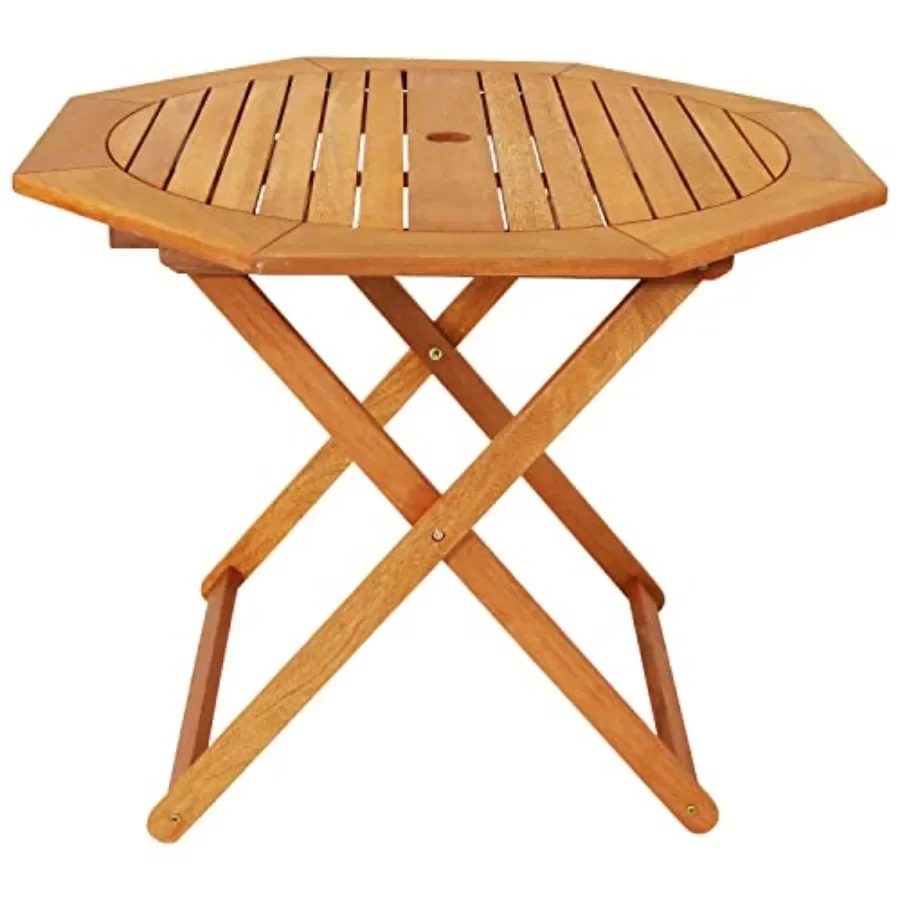 Outdoor octagon folding table for patio use, made of meranti wood in natural brown color with umbrella hole and weather-resista