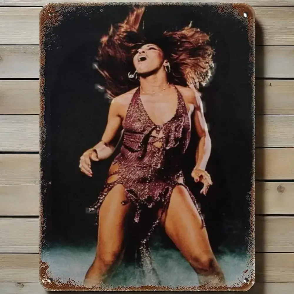 

Tina Turner Glam Rock Iron Wall Art – Distressed Metal Sign with Gold Foil Microphone & "Proud Mary" Lyric Embossment