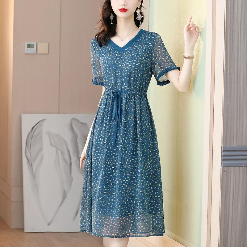 Robe marine en mousseline de soie, mode française, mi-longue, nouvelle collection printemps et été 2021, robes élégantes à volants, couleur unie, décontractées