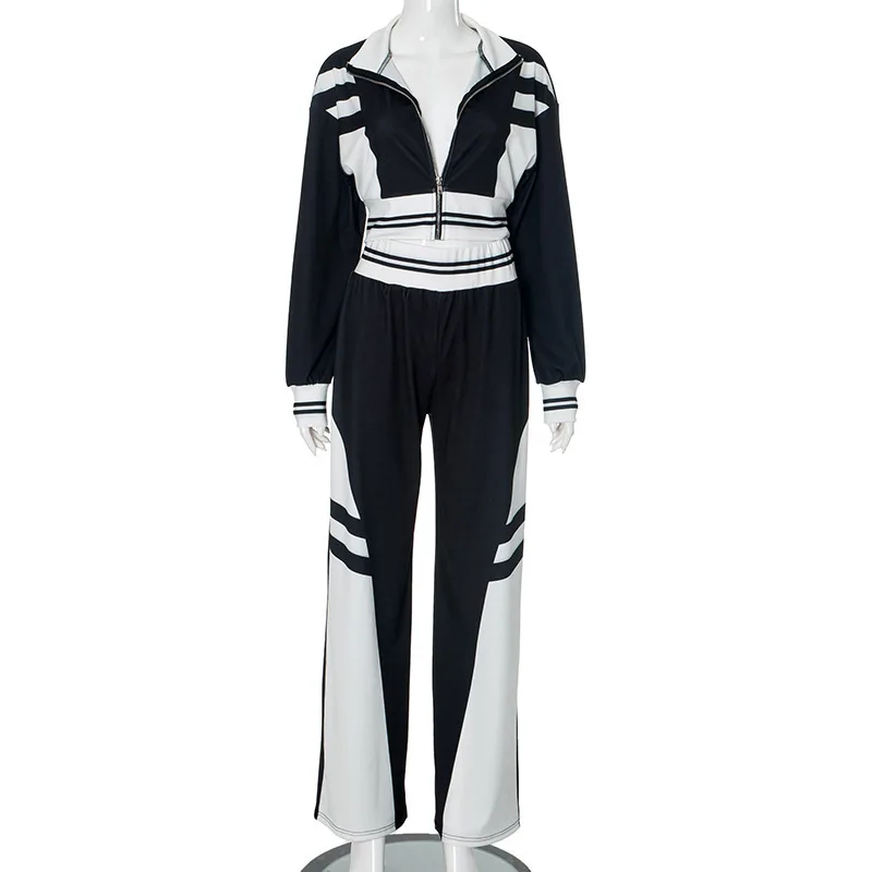 Autumn Women\'s Set Contrast Color Zipper Full Sleeve Jacket Loose Pants Fashion Two 2 Piece Set Outfits Casual Tracksuit