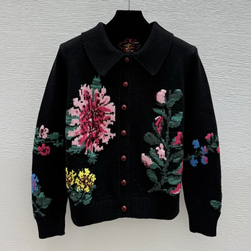 

High-quality Chinese-style peony jacquard women's cardigan multi-color and a retro turned-down collar sweater 251102275