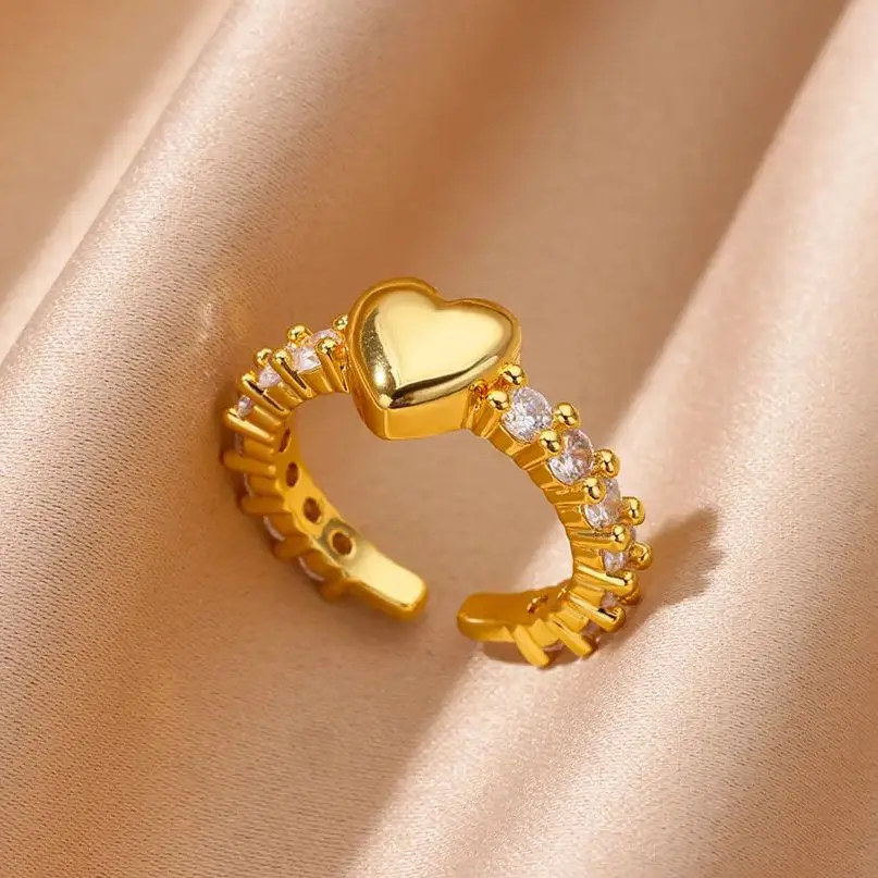 

Zircon Tiny Heart Rings For Women Gold Color Stainless Steel Opening Heart Finger Ring Femme Wedding Party Jewelry Gift 2024