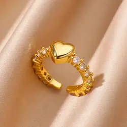 Zircon Tiny Heart Rings For Women Gold Color Stainless Steel Opening Heart Finger Ring Femme Wedding Party Jewelry Gift 2024