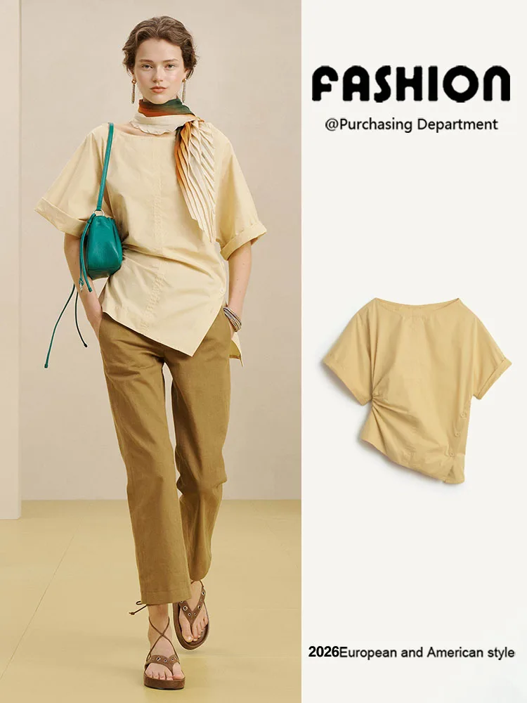 Fashionable Short Sleeve Pleated Women's Top New Arrival Summer 2026 Elegant Versatile One-Shoulder Design Chinese Style Shirt