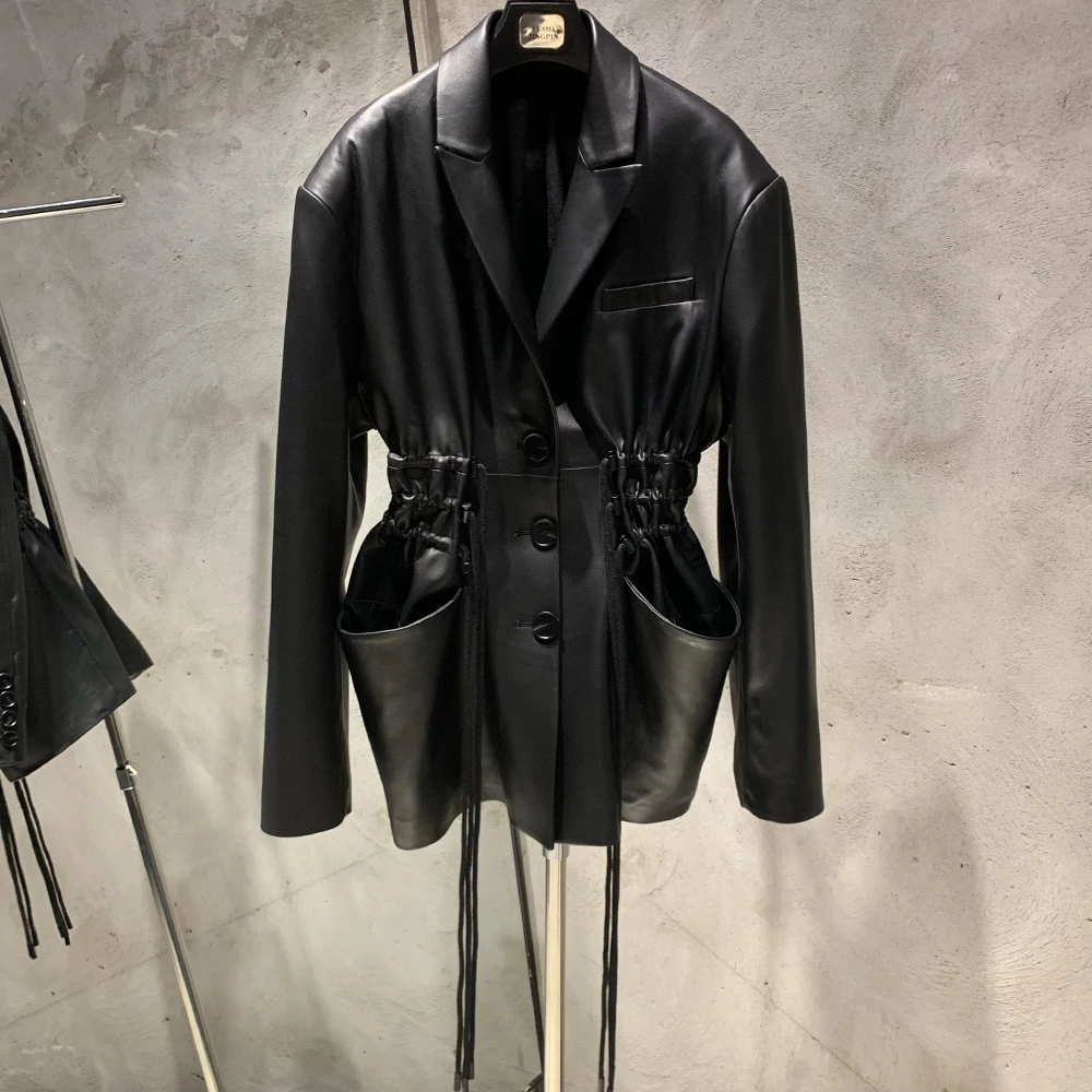 Drawstring Leather Blazer Ladies Real Lambskin Jacket Pleated Waist Women Sheep Leather Coat 2583