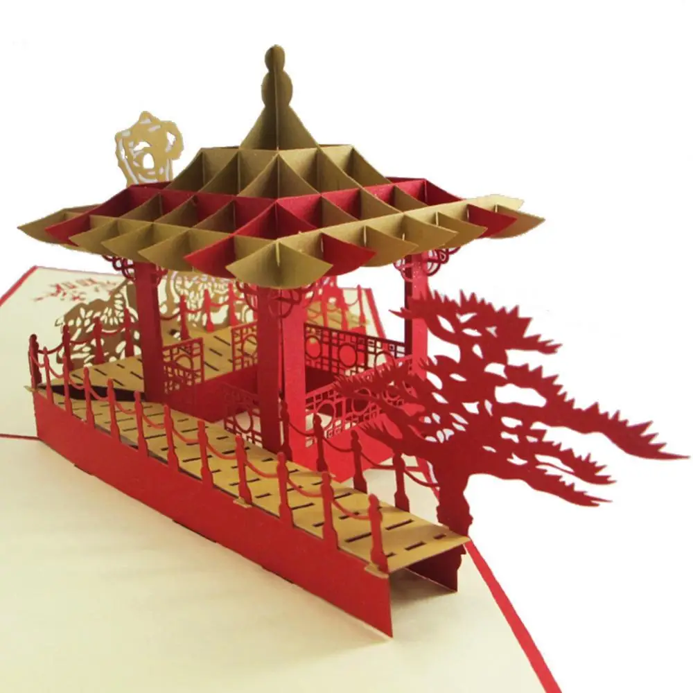 Retro 3D China Suzhou Garden Pavilion Pattern Pop Up Greeting Card Invitation