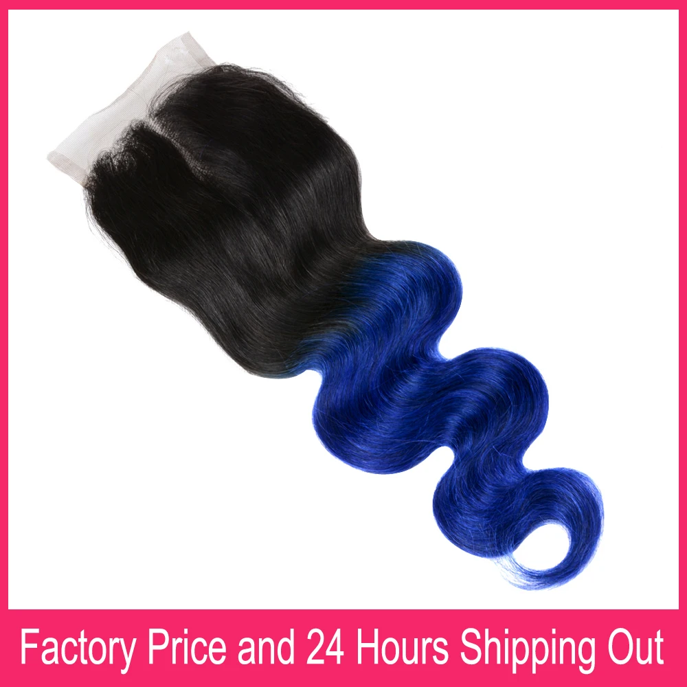 1B Blue 4x4 Lace Closure For Black Women 10-22 Inch Body Wave Human Hair Material Ombre Blue Pre Colored Swiss Lace Closures