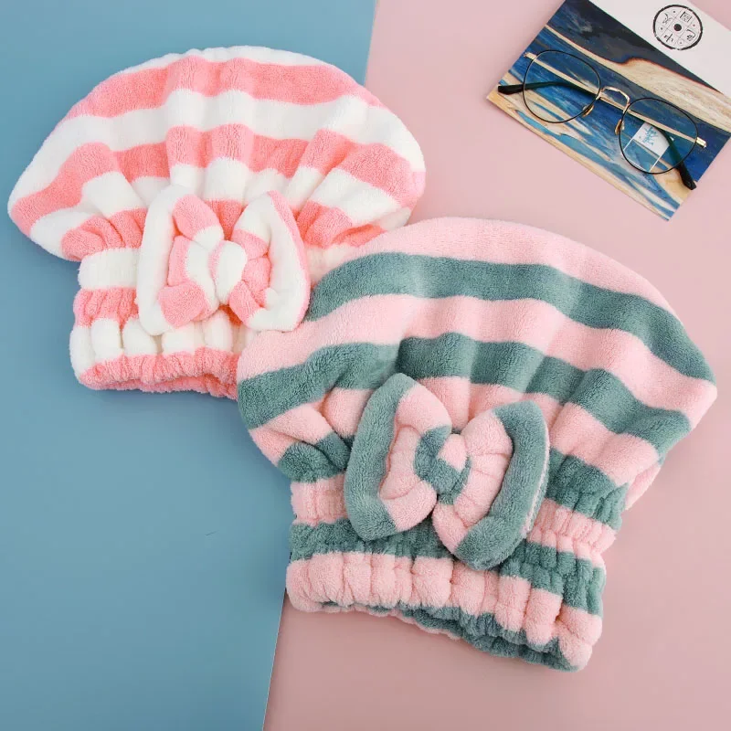 Hair Wrap Quick Drying Towel Household Striped Panelled Turban Shower Elastic Band Soft Super Water Absorbent Shower Cap Daily