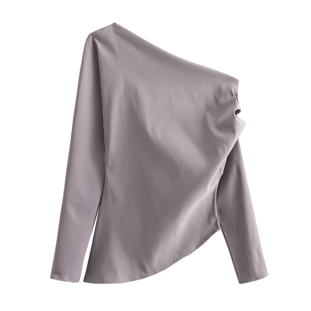PB&ZA2024 autumn new women\'s clothing fashionable temperament slim fit asymmetrical design pleated elastic top