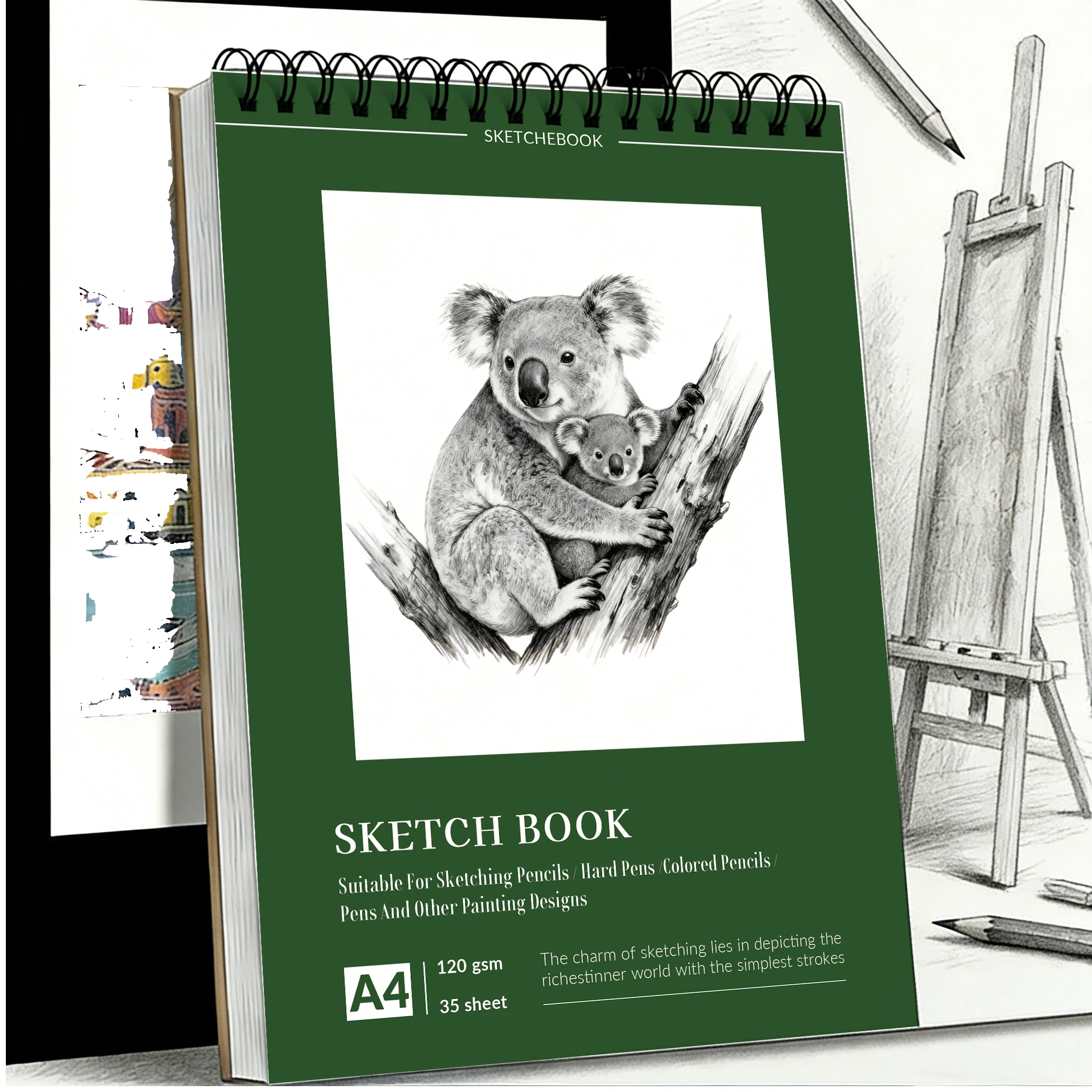 A4 Spiral Sketchbook with Koala & Cub Sketch Art Cover, 120 GSM Thick Paper, 35 Sheets, Multi-Media Art Pad for Adults – Ideal f