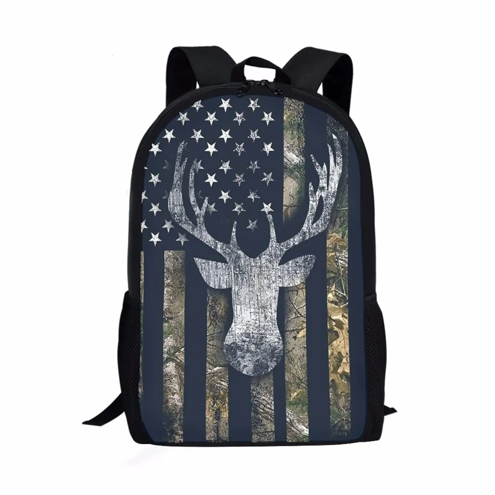 American Flag with Hunting Deer Shoulder Backpacks Animal Casual Grade Elementary School Kids Daypack Multifunctional Backpack