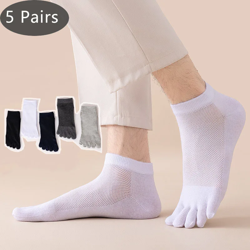 

5 Pairs Summer Men Toe Ankle Socks Mesh Breathable Cotton Solid Thin Sweat-Absorbing Young Sport Five Finger Socks Boy Student