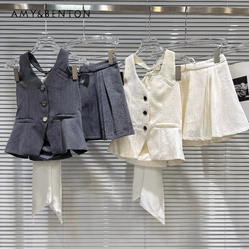 

Temperament Three-dimensional Bow Halter Backless Women's Vest 2026 Summer New Sweet Cool Hot Girl Pleated Skirts Suits Ladies