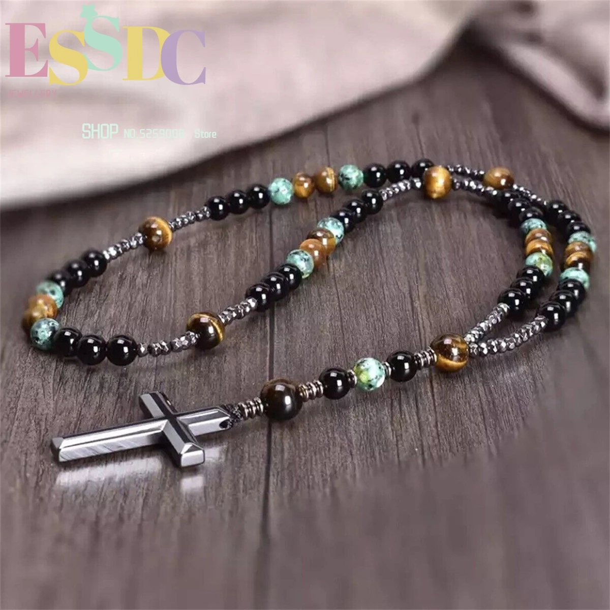 Obsidian Black Agate Malachite Tiger Eye Stone African Pine Beaded Hematite Black Gallstone Cross Pendant Necklace Charm Gift