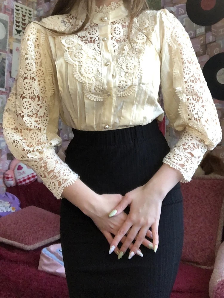 Spring Hollow Out Lace Women Shirt Office Lady Elegant Stand Collar Button Blouse Petal Sleeve Tops