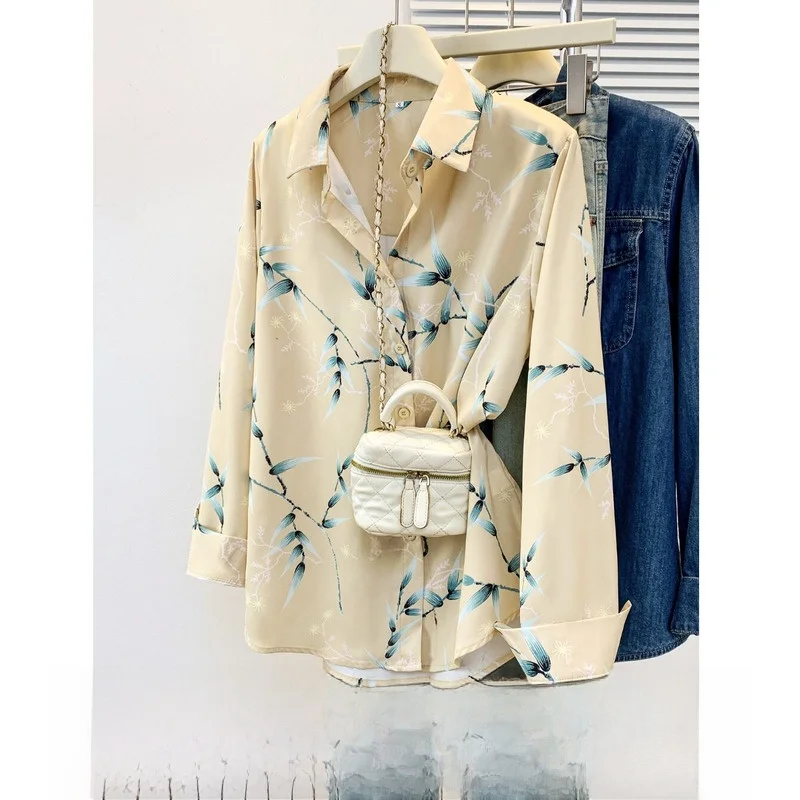 

Skin-Friendly Floral Print Long Sleeve Open Cardigan Shirt Thin Casual Women's Top Polyester Fiber Loose Fit Spring Season