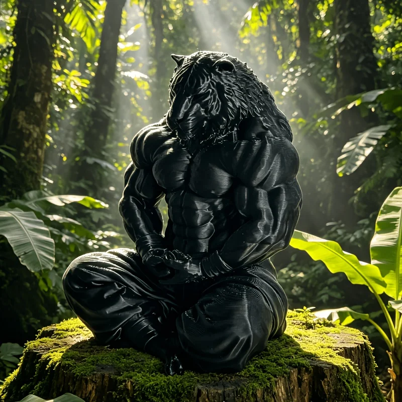 Meditating Tiger Warrior Figurine Muscular Black Anthropomorphic Tiger Sculpture Zen Animal Statue for Home & Office Decor Gift