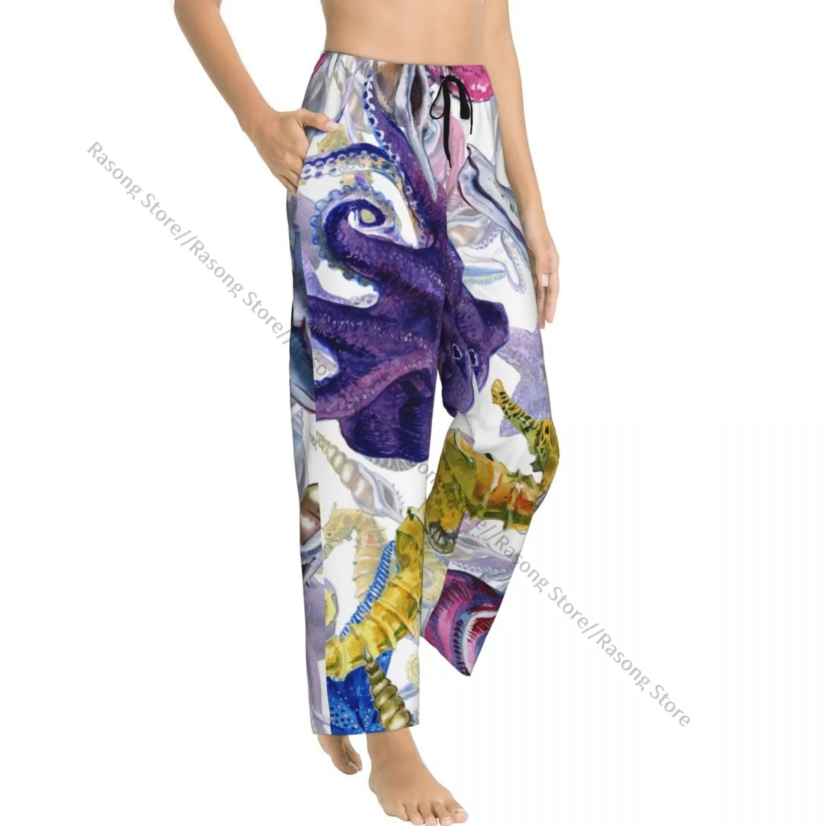 Women Flannel Lounge Pants Soft Watercolor Summer Beach Seashell Tropical Underwater Creatures Pajama Pants Winter Sleepwear