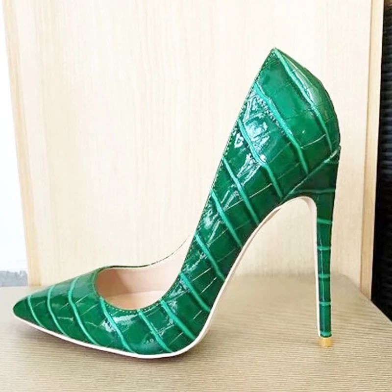 

Green Crocodile Leather High Heels Pumps 8cm 10cm 12cm Slip On Shallow Ladies Stiletto Women Pointy Toe Female Shoes