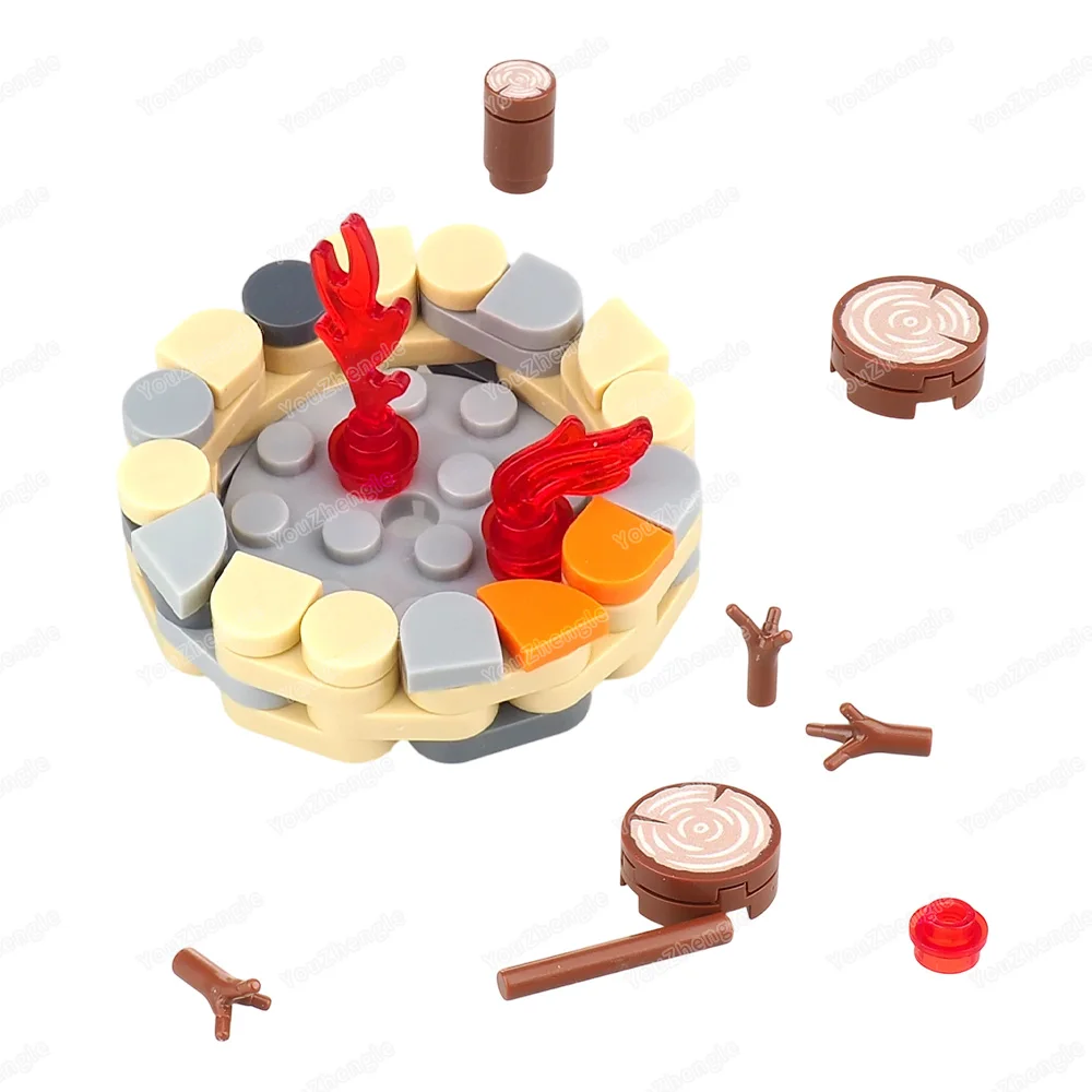 Houtgestookte stapel bouwsteen montage MOC figuren overleving met houten palen apparatuur scènemodellen plaats geschenken doe-het-zelf speelgoed