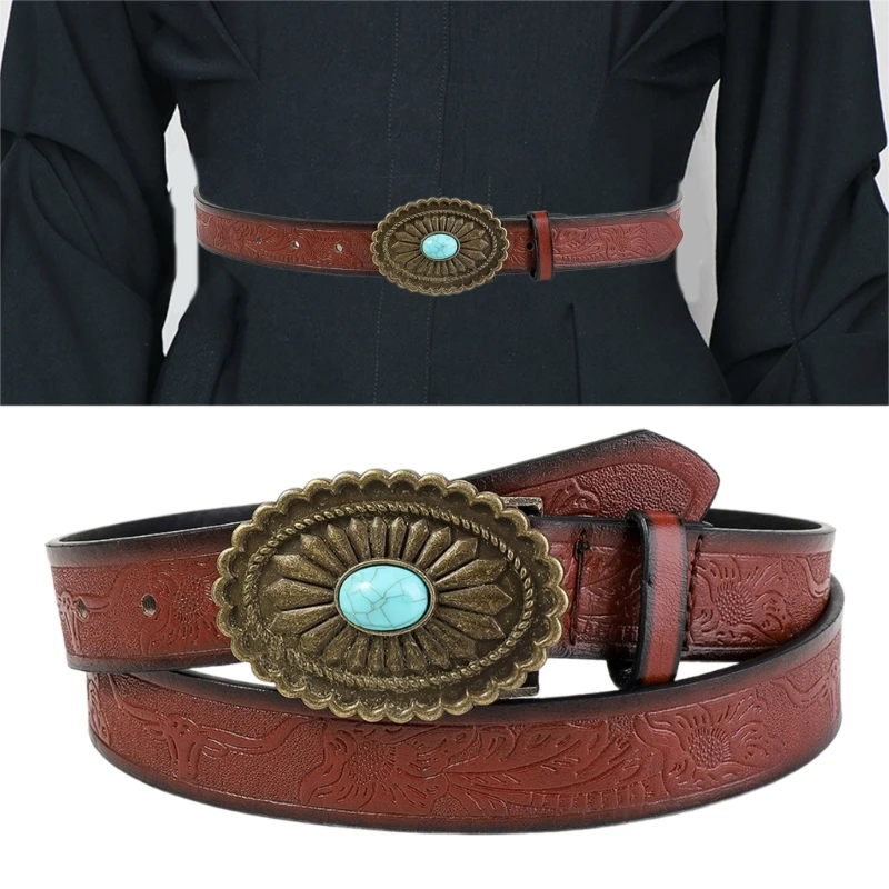 

Western PU Leather Belt Embossed Pattern Waistband Jeans Waiststrap Waist Decors Women Turquoises Buckle Waist Belt