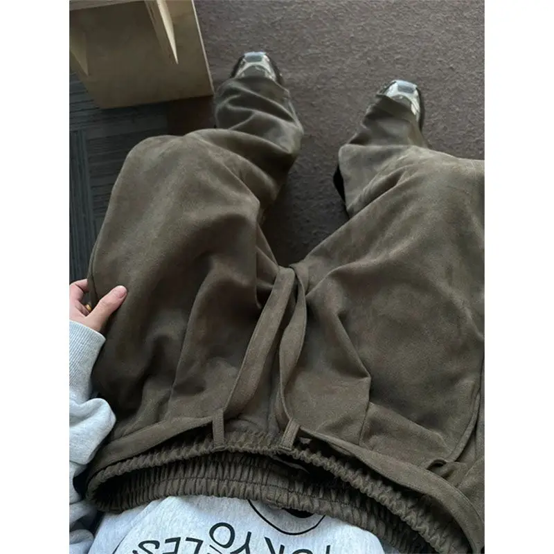 

2025 casual pants American fashion coffee green suede streamer sports men and women bf lazy style cleanfit trousers