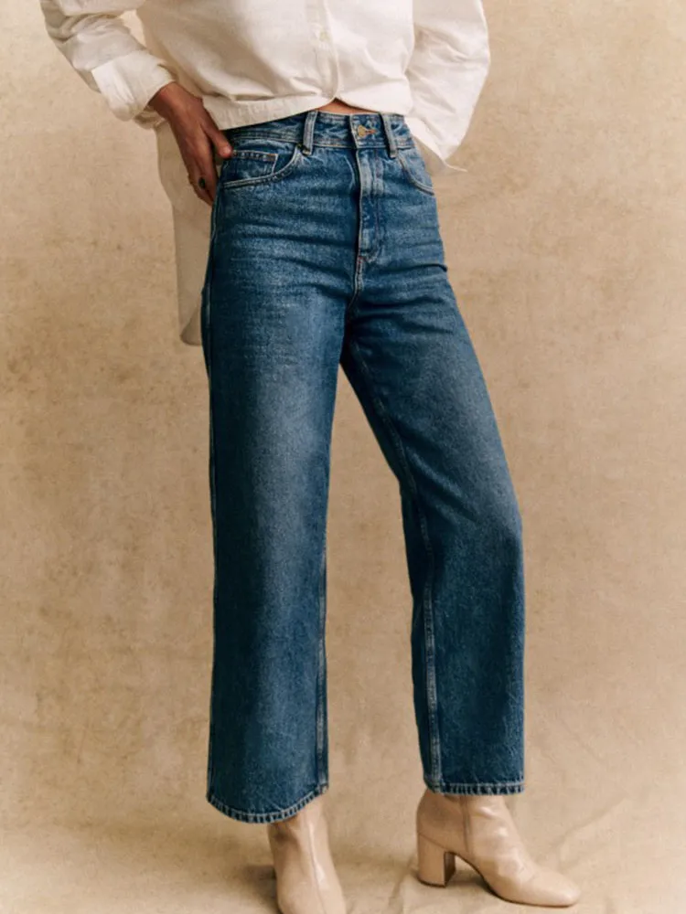 

Cotton Women Straight Jeans High Waist Vintage Female Classic Denim Wide Leg Long Trousers 2024 Spring