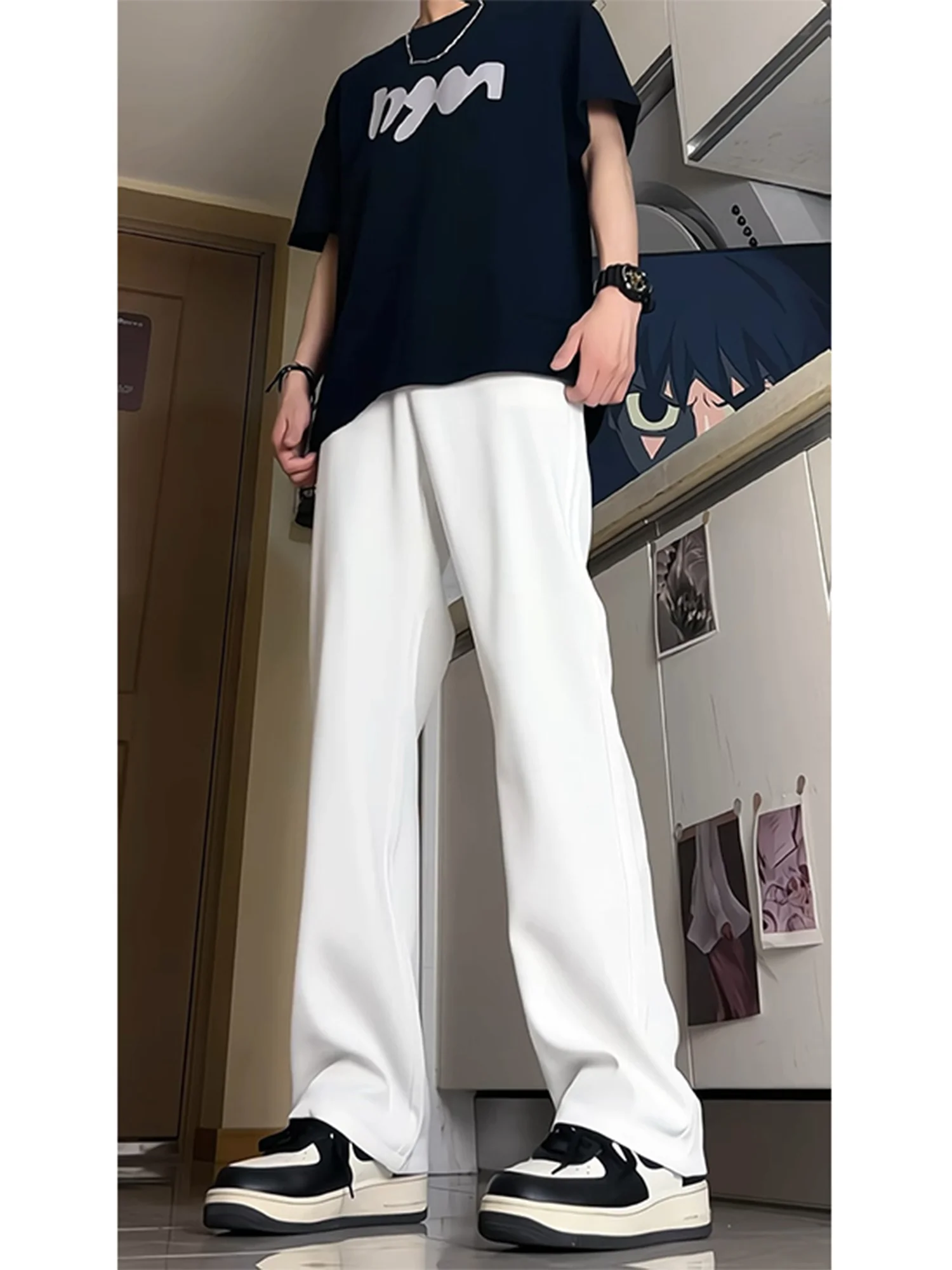 

Белые мужские летние тонкие прямые свободные брюки из ледяного шелка с широкими штанинами, повседневные, в пол, молодежные, модные, стильные