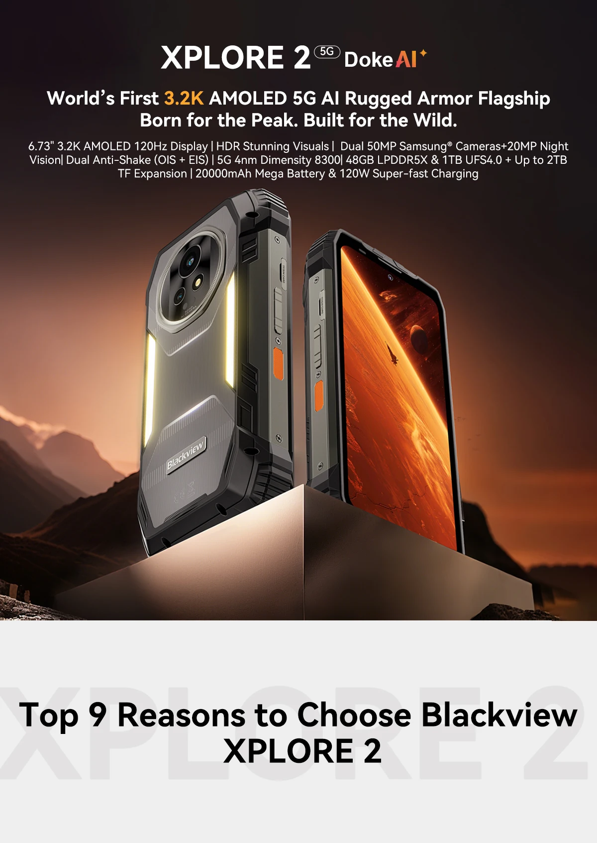 Global Version Blackview XPLORE 2 Rugged Smartphone Android 15 6.73" 3.2K AMOLED Display 12GB+1TB 20000mAh 120W NFC Mobile Phone