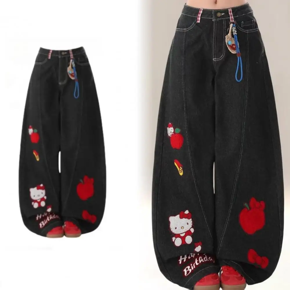 

Cartoon Retro Women Jeans Y2K Hello Kitty Sanrios Loose Anime Wide Leg Pants Cute American Straight Leg Pants Sweet Girls Gift
