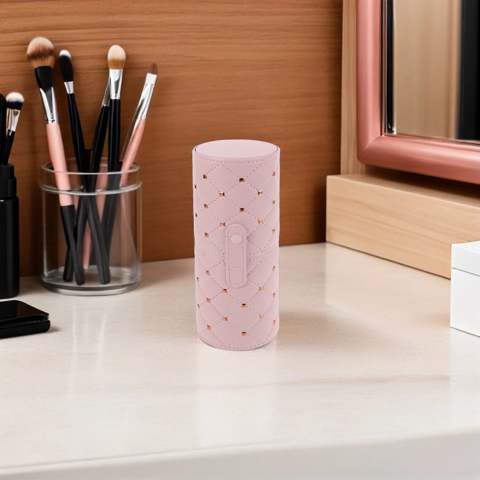 PU Makeup Brush Holder Compact Travel Brush Cup Dustproof Lid Storage Organizer Makeup Tool Box Vanity Pink