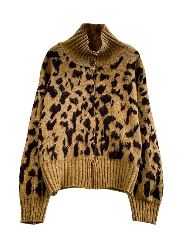 Ele Stampa leopardata Patchwork Colletto alla coreana Maglieria da donna allentata Capispalla invernale morbido Maglione lungo dimagrante