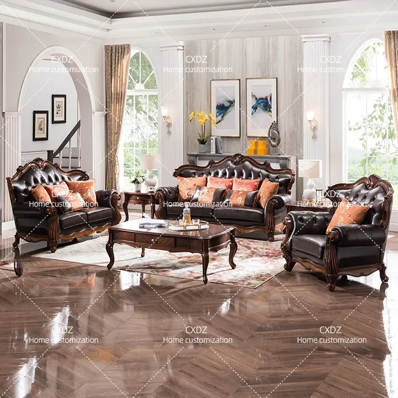 American Solid Wood Leather Sofa Carved European Style Living Room Furniture for Large Apartment Villa Hotel