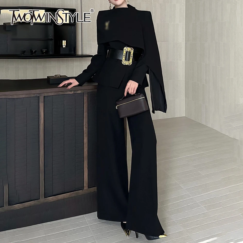 

TWOTWINSTYLE черный комплект из двух предметов с поясом, женская куртка с круглым вырезом и длинными рукавами, темпераментный женский комплект брюк, осенняя мода