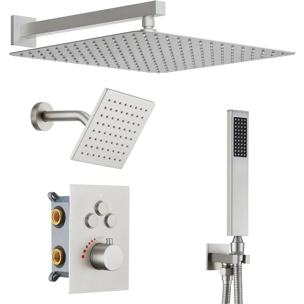 

Wall-Mounted Dual Shower System: 12-Inch Rainfall Showerhead and 6-Inch Head, Brushed Nickel Finish