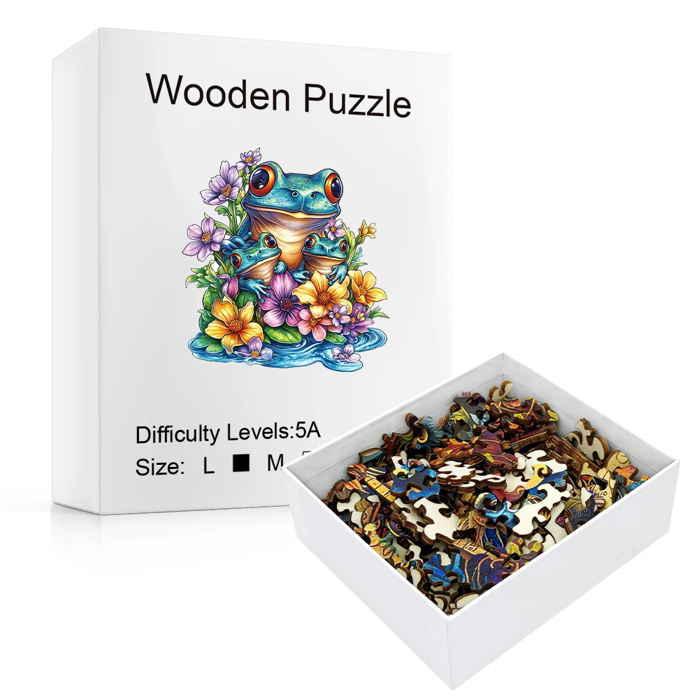 Cute Frog Family Water Flower Wooden Puzzle, Special Animal Cutouts Leisure Art Decor Gift.