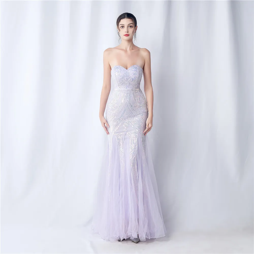 Sladuo Evening Sequins Mesh Maxi Women's Dress Sexy Strapless Ruffles Long Mermaid Celebrity Night Club Party Dresses Vestidos