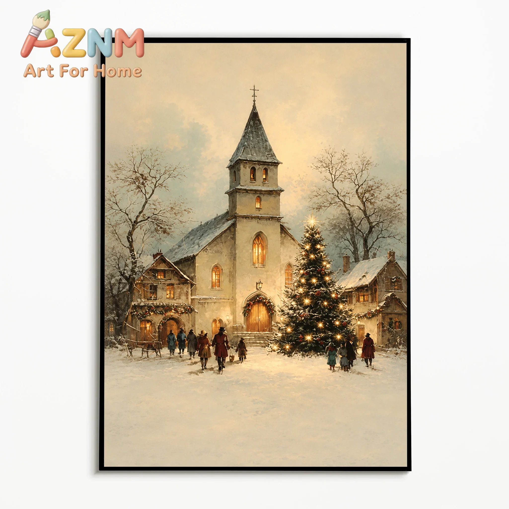 1PC, Vintage Wall Art Snowy Winter Church Village Posters Christmas Canvas Painting Room Wall Decor Gallery Wall Prints