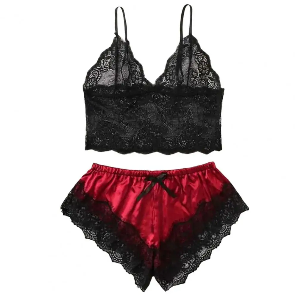 

Spaghetti Strap Shorts Women Sleepwear Set Elastic Solid Color Female Camisole Shorts Lace Women Sleepwear Set